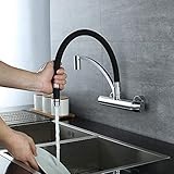 HOMELODY Wasserhahn Küche Wandmontage Schwarz,180° drehbar Silikon in Lebensmittelqualität Wand Küchenarmatur Wandarmatur Flexibel Ausziehbarer, Spültischarmatur für Küche Messing(Gesamthöhe 342 mm)