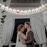 Just Married Banner, Hochzeit Bunting Banner mit 8 Flackern Mode LED Fee Lichterkette, Hängend Zeichen Girlande Wimpel Foto Stand Requisit für Braut Hochzeit Engagement Auto Party Dek