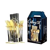 Sumairs Besteckset-Besteck Set 6 Personen, Besteckset 24 Teilig, Monobloc-Messer, Edelstahl Poliert, Glänzend, Spülmaschinengeeignet (Color : Black)