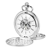 ManChDa Unisex Taschenuhr mit Kette Analog Handaufzug Retro Doppelabdeckungen Skelett Silber Uhrwerk