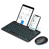 Bluetooth Tastatur Maus Set Kabellos, 3 Kanäle Bluetooth Tastatur Beleuchtet mit Handy Halterung, Wiederaufladbare QWERTZ Funktastatur und RGB Maus DPI 2400 für iOS/Android/Windows, Tablet, Smartp