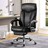 huasa Bürodrehstuhl,Bürostuhl Chefsessel Office Stuhl,Schreibtischstuhl Kunstleder Drehstuhl Chefsessel mit Verstellbaren Armlehnen und Wippfunktionm,Ergonomisches Chefsessel mit Fußstützen,Black