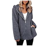 IQYU Damen Fleece Komfortable Jacke Langarm Revers Reißverschlussjacke Kunstwolle Pelz Übergroße Jacke Mit Taschen Zum Warmhalten Winter Einfarbige Plüschjacke für D