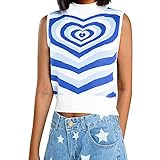 Damen Tie Dye Strick Crop Tank Top Y2k Gerippte Strickweste Herz Spiral Print Vintage Schlank Ärmellos Strick Top Ästhetische Pullover Weste Streetwear (Blau, S)