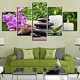 5 Stück Leinwand Bilder Gemälde Vlies Leinwandbild Drucke Auf Leinwand Schmetterlings-Orchideen-Kiesel-Kerze Wandbild Dekor Gedruckt Malerei 150X80Cm Gerahmte Kreatives Geschenk