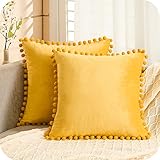 Topfinel 2er Set Samt Kissen mit Pompoms Einfarbig Kissenbezüge Dekorative Kissenhülle Kopfkissen Sitzkissen Dekokissen Couchkisen für Sofa Schlafzimmer Büro Auto 50X50cm Gelb