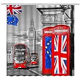 London Duschvorhang rote Telefonzelle Retro Big Ben Bus Grau alte Straße England-Flagge Vintage Traditionelle Stadt Romantische lokale Kulturgebäude Landschaft Dekor Stoff Badezimmer Vorhang mit Hak