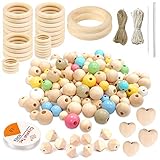 181 Stück Holzperlen und Holzring Set,Runde Holzperlen Set,Macrame Holz Perlen,Natürliche Runde Holzperlen Set,Holzring Baby Natürliche,DIY handgefertigte Dekorationen,Holzperlen für DIY Handwerk