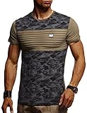 Leif Nelson Herren Sommer T-Shirt Rundhals-Ausschnitt Slim Fit Baumwolle-Anteil Moderner Männer T-Shirt Crew Neck Hoodie-Sweatshirt Kurzarm lang LN405 Khaki-Schwarz XX-Larg