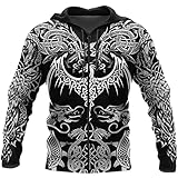 Herren Langarm Hoodie mit Großer Tasche Wikinger Keltischer Drachen Skelett Tattoo Pullover Sweatshirt-Kapuzenpulli S - 7XL Modischer Stretch Mantel,A Zip,XXL