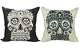 Luxbon 2 Stück Totenkopf Schädel dauerhaft Leinen Kissenbezug Punk Sofakissen Cafe Haus Halloween Deko 45x45 cm 18x18 ''