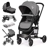 Kinderwagen, 2 in 1 Faltbarer Babywagen mit Regenverdeck, Neigbar Wendbarer Babyschale mit Fußsack, Gummireifen Kombikinderwagen mit Babytragetasche, Buggy mit Liegefunktion für Kleink