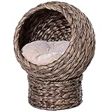 PawHut Rattan Katzenkorb Katzenhöhle Katzenhütte Katzenbett mit Kissen Haustierbett Wasserhyazinthe Dunkelbraun 42 x 33 x 52