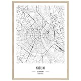 JUNOMI® Köln Poster XL mit Rahmen Eiche, DIN A2 Wohnzimmer Deko, Modernes Wandbild, Köln Bild, Wandbild mit Rahmen, Stadtplan Poster Köln, Karneval, perfekte Geschenkidee für Kö