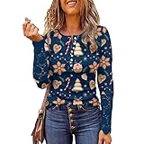 Das Neue Damenoberteil Langarmshirt Weihnachtsdruck Spitze Spleißen Casual Langarm Top Pullover mit V-Ausschnitt Lässiges Oberteil Lockeres Top Mode Hemd Oversize Elegantes Bluse Freizeitob