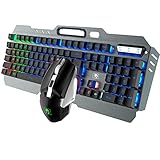 QWERTY 2,4G wiederaufladbare kabellose Gaming-Tastatur und Maus-Set, 3800mAh große Kapazität, Rainbow LED-Licht mit mechanischem Gefühl, Smart Sleep +2400DPI 7 Farben atmende LED-Silent-Maus Schw