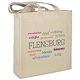 Stofftasche mit Stadt/Ort 'Flensburg ' - Motiv Positive Eigenschaften - Farbe beige - Stoffbeutel, Jutebeutel, Einkaufstasche, B