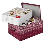 Kreher Weihnachtlicher XL Deko Karton mit Einsätzen für ca. 40 Weihnachtskugeln. Aus stabiler Pappe mit Griffen aus Kunststoff. In Rot mit Schneeflock