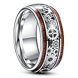 TUNGSTORY 10mm Dome Holzmaserung Wolframkarbid Ring mit Steampunk Zahnrad Rad Ringe für Herren Komfort Fit Größe 67(21.3)