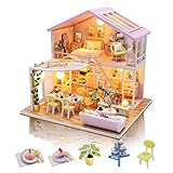 GuDoQi DIY Puppenhaus Miniatur Kit, 3D Hölzernes Puppenhaus Bausatz mit Möbeln und Musik und LED-Licht, Handwerk Miniatur Modellbausätze für Frauen und Sammler, Süße Z