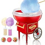 Zuckerwattemaschine für Zuhause, Rot Cotton Candy Machine In Retro-Design,500W Zuckerwatten-Maker, Inkl. Messlöffel und 10 Holzstäbchen, Spritzschutz, Zuckerwattegerät für Kindergeburtstag