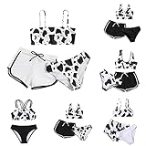 MEIYOUMK Mädchen Bikini Tankini Set 3-teiliges Bademode Set Sommer Bikini Tankini Badeanzug Set Schwarz Weiß Kuh Print Bikini Oberteil mit Badeshorts Bikinihose Mädchen UV Schutz Badeanzug 8-14 J