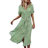 PMDKLSPQ Hohe Taille Maxikleid Damen High Waist Midi Hemdkleid Blumen Sommerkleid Knopf Kurzarm Polka Dots Lose Kleid Strandkleider Knopfkleid Elegant Sommerk