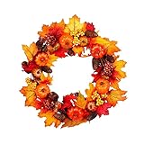 HIAQIMEI 45/60 cm künstlicher Kürbis Ahornblatt-Kranz Licht Wand Fenster Tür Halloween künstliche Blätter hängender Herbstkranz für Haustür, Weihnachtskamin, Hochzeit und Thanksgiving Dek