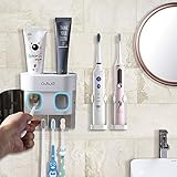 BesLife 2 Automatischer Zahnpastaspender zur Wandmontage, mit 2 Halter für elektrische Zahnbürsten, mit staubdichter Abdeckung, 4 Steckplätze für Zahnbürsten, für Dusche und B