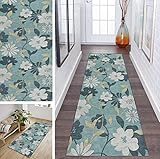 ZDYHMrj 3D Teppich Läufer Flur rutschfest Küchenteppich Blau Blumen Waschbar Meterware Lang Korridor TeppichLäufer für Flur Schlafzimmer Wohnzimmer, Breite 40cm/ 50cm/ 60cm/ 70cm/ 80cm/ 90cm/ 100