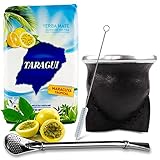 Mate Tee Set: Yerba Mate Taragui Maracuya Tropical 0.5 kg | Echtleder / Palo Santo Holz Mate Becher Torpedo (Schwarz) - Kalebasse | Mate Strohhalm aus Edelstahl - Bombilla | Reinigungsbü