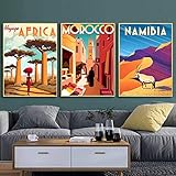 MXIBUN Vintage Reiseplakate Afrika Städte Marokko Tansania Landschaft Leinwand Malerei Wandkunst Bild Home Decor-16x22inx3 No F