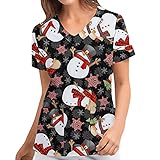 CHUXI 2021 Weihnachten Santa Claus Print Kurzarm V-Ausschnitt Tee Tops Plus Size Frauen Arbeitsuniform Bluse Shirt Tunika, #17Black, XL