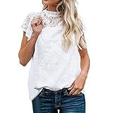 TITIU Damen Spitze Patchwork Flare Rüschen Kurzarm Cute Floral Shirt Bluse Top Oberteil(Weiß,M)