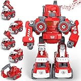 TOYABI Feuerwehrauto, DIY 5 in 1 Auto Spielzeug mit Lichtern und Tönen, STEM Roboter Baukasten Konstruktionsspielzeug für 3 4 5 6 7 8 Jahren Jung