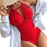 Kavitoz Badeanzug Damen Sportlich Bikini Neckholder Rückenfrei Monokini Tiefer V-Ausschnitt Einteiliger Bademode Sexy High Waist Strandbikini Rückenfrei Einteiliger Tankini(rot,S)