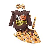 Halloween Baby Mädchen Strampler Lange Ärmel Top Strapsrock Schleife Stirnband Kürbis Geist Outfit Rundhals Rüschen Plissee Bodysuit 3-teilig Kleidung Set, A24_brown, 70