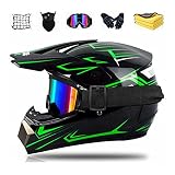 Motorrad Crosshelm Set mit Brille Handschuhe Maske Korallenvlies Handtuch Motorrad Netz, Schwarz Grün Fullface MTB Helm Kinder Cross Helm,Unisex Fahrrad Enduro Downhill BMX Off Road (S 54-55CM)