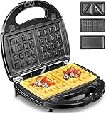 Sandwichmaker 750 W | Waffeleisen 3 in 1 | Panini Grill | Sandwichtoaster mit 3 Antihaft und austauschbaren Platten | LED Kontrollleuchte | Schw