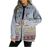 GODKS Jeansjacke Damen Drucken Patchwork Vintage Boho Muster Colorblock Denim Jacke Langarm Mäntel Oversize Loose Jean Hemd Button Down Retro Casual Jacke Streetw