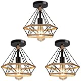 Retro Deckenleuchte, TOKIUS Industrielle Deckenlampe 25cm E27 Vintage Pendelleuchte Schwarz Lampenschirm aus Metall mit Hanfseil Diamant-Design Lampe für Esszimmer Flur Wohnzimmer Café (3 Stücke)