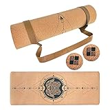 MENKAI-Yogamatte mit rutschfestem Naturkork,Fitnessmatte Pilatesmatte mit Tragegurt,183 x 65 cm, 6 mm,2 Faszienbälle,Yoga-Zubehö