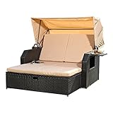 Melko Sonnenbett/Strandkorb/Lounge aus Polyrattan, Schwarz, inkl. klappbaren Seitentisch +verstellerbarer Rückenlehne + Faltbare S