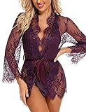 RSLOVE Sexy Braut-Dessous-Set für Damen, 2-teilig, Spitze mit durchsichtigem Teddy-Babybody, violett, S