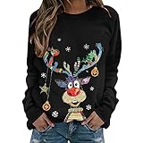 YILEEGOO Weihnachtshemden für Damen, Grafik-T-Shirts, Weihnachts-Outfits, Hirsch-Schneemann-Druck, Xmas Langarm-Baseball-Top-Shirts, Schwarz , S