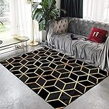 Teppich für Wohnzimmer, Krabbelteppich, geeignet als Schlafzimmer-Teppichs, Heimdekoration, Schwarze Raute geometrische goldene Linien 160X230CM