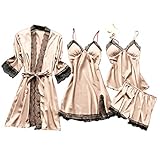 Damen Sexy Spitze Pyjamas 4Pcs Set Satin Bademantel Seide Roben V Ausschnitt Mit Blumen Spitze Satin Bademantel Shorts Nachthemd Top Babydoll Nachtwäsche Nachthemd Set Kimono D