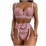 GBEN Erotische Dreiteiliger Dessous-Set Spitzen Stickerei Teddy Unterwäsche Bodysuit Nachtwäsche Babydoll Strumpfband Socken Nachthemd Negligee Set Push Up BH Baby D