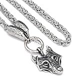 DFWY Herren Wikinger Wolfskopf Anhänger Halskette, Handgemachte Edelstahl ​Odin Krähenkopf Königskette, Nordic Mittelalter Vintage Punk Pagan Amulett Schutz Schmuck (Color : Wolf B, Size : 70CM)