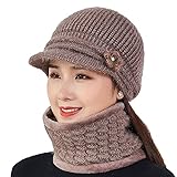 Damen Glockenhut Halswärmer Set mit Visier gestrickt gefüttert Fedora Kirche Eimer Cap Khak